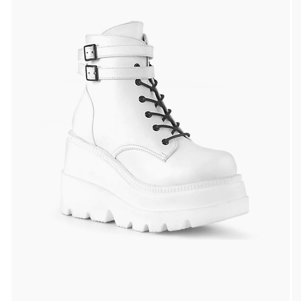 Demonia White Platform Boots with Buckle Detail